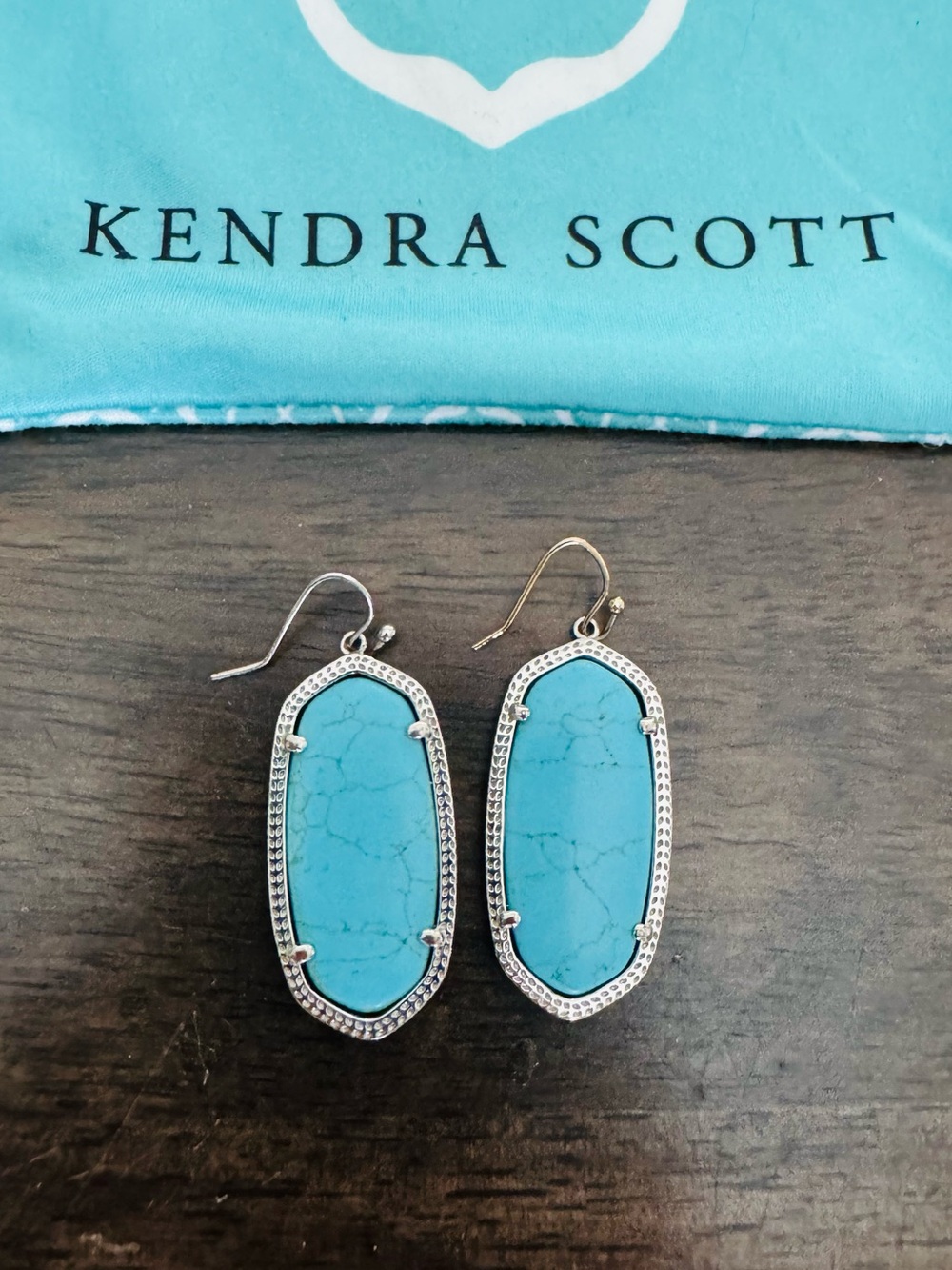 Kendra Scott Blue Turquoise Veined Silver Frame Oval Drop Earrings